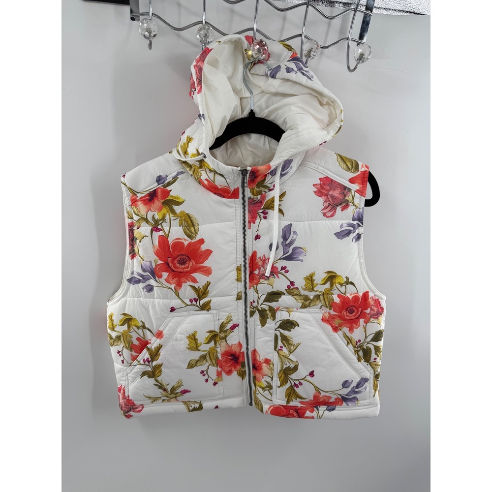Daily Practice Anthropologie Floral Hooded Puffer Vest White Red Orange Medium